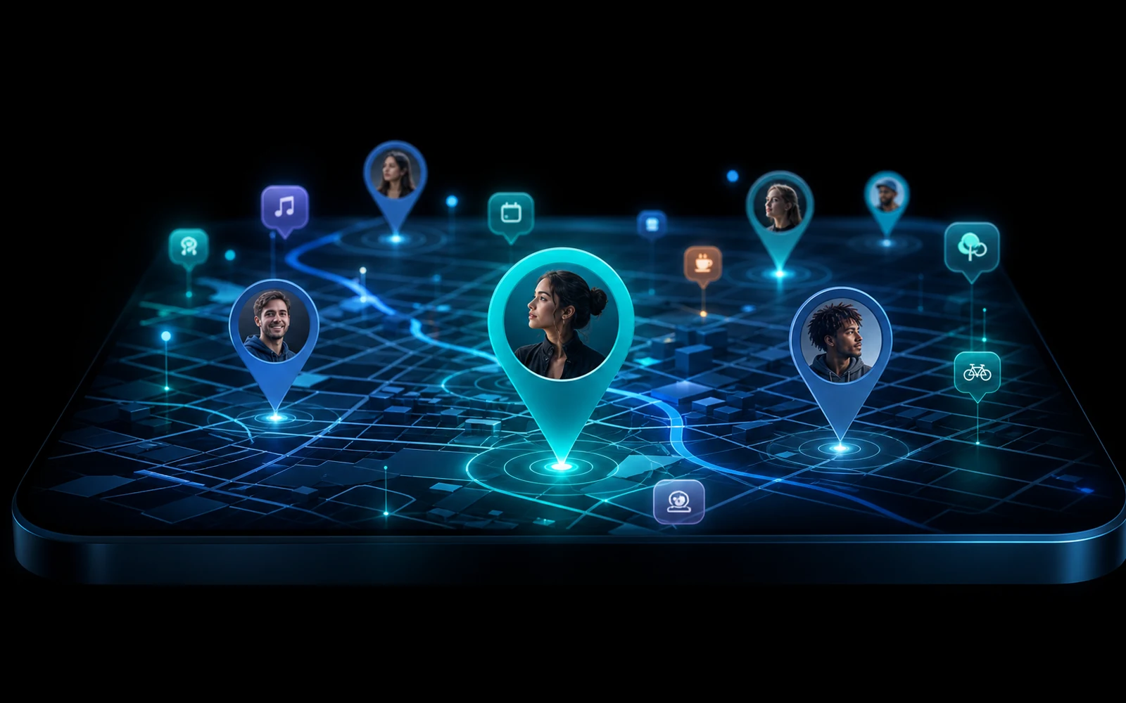 3D map with realistic avatars and live discovery pins for a map-based social network