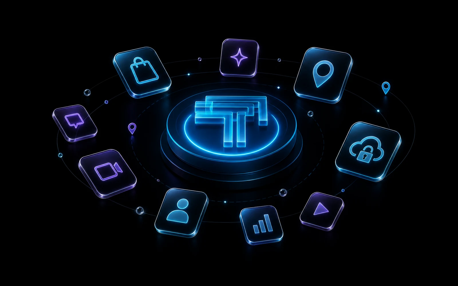 Abstract 3D product ecosystem representing Transcend Technologies as a multi-product technology company